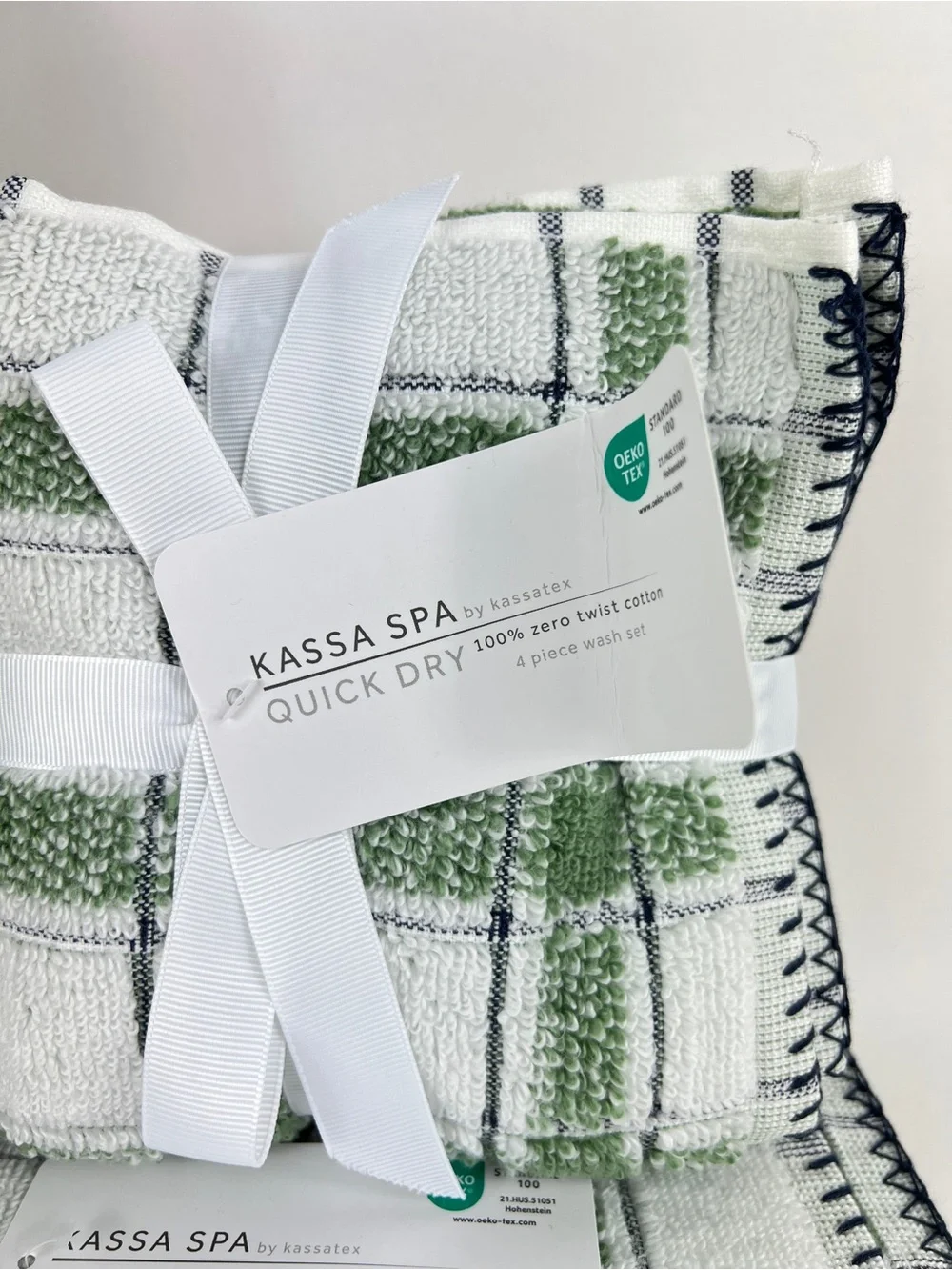 Kassa Spa Kassatex Bath Towel Set Green White Black Stripe Soft Cotton 8 Pc NEW